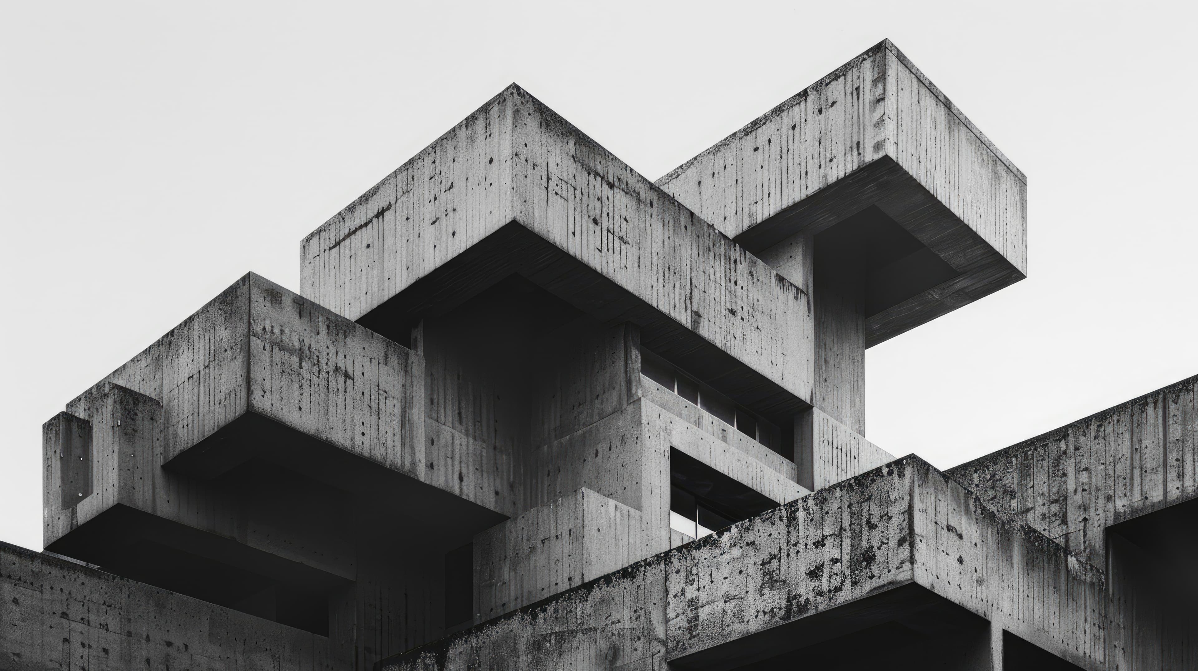 Black and white photograph of a brutalist concrete building with projecting geometric volumes.